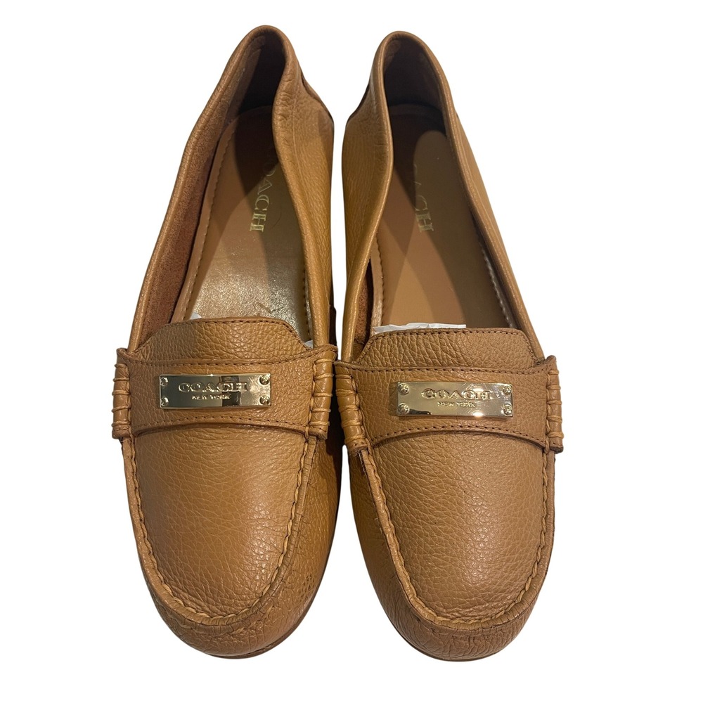 Coach Fredrica Tan Pebbled Leather Driving Loafers Gold Hardware A5175 Size 8.5B